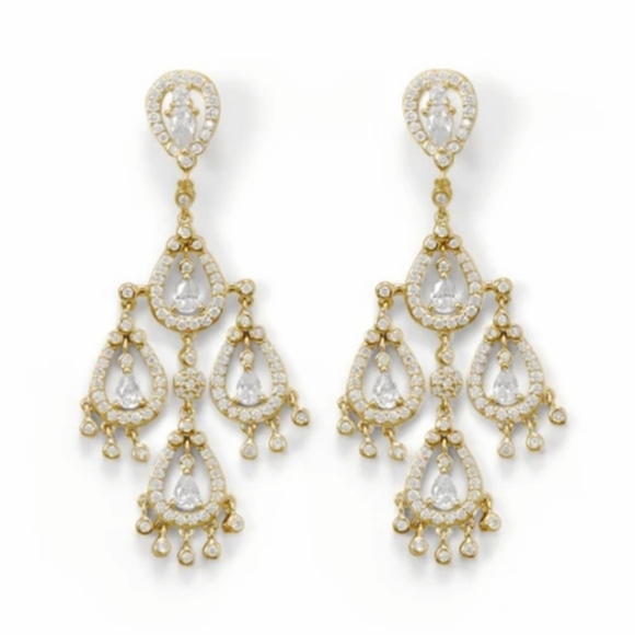 14KT GOLD PLATED CZ PEAR CHANDELIER EARRINGS - Picture 2 of 4